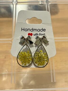 Handmade Yellow Floral Resin Teardrop Earrings with Silver Bows